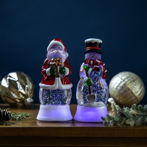 NORTHLIGHT  Led Lighted Color Changing Santa And Snowman Acrylic Christmas Snow Globes - 6.25" - Set Of 2