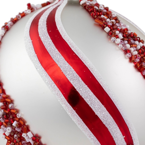 Peppermint Swirl Beaded Christmas Glass Ball Ornaments - 4" - White and Red - Set of 2