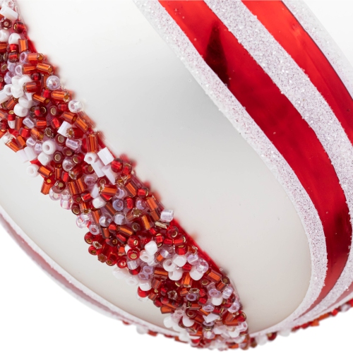 Peppermint Swirl Beaded Christmas Glass Ball Ornaments - 4" - White and Red - Set of 2