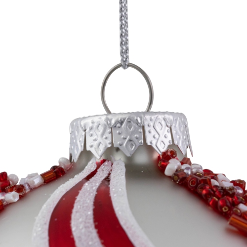 Peppermint Swirl Beaded Christmas Glass Ball Ornaments - 4" - White and Red - Set of 2