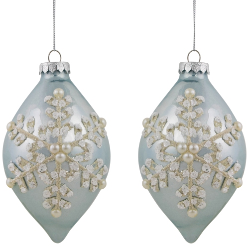 Set of 2 Shiny Artic Blue Textured Snowflakes Finial Christmas Glass Ornaments 5"