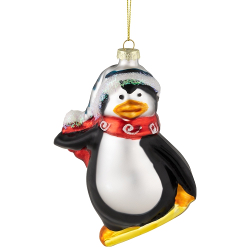 NORTHLIGHT  Snowboarding Penguin Glass Christmas Ornament - 4.25" - Black, White And In Red