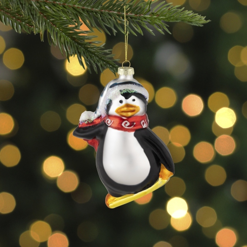 Snowboarding Penguin Glass Christmas Ornament - 4.25" - Black, White and Red