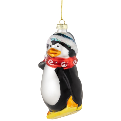 Snowboarding Penguin Glass Christmas Ornament - 4.25" - Black, White and Red