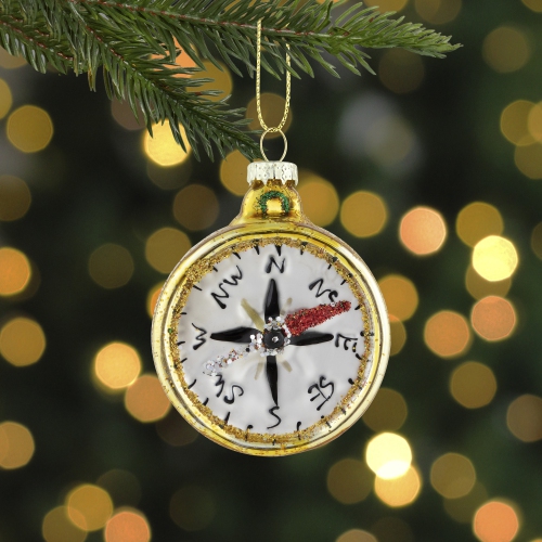2.5" Glittered Gold Compass Glass Christmas Ornament