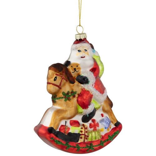 NORTHLIGHT  Santa On A Rocking Horse Glitte Glass Christmas Ornament - 4.75" - In Red