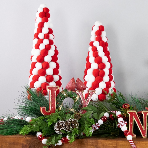 Pom Pom Cone Tree Christmas Decoration - 13" - White and Red