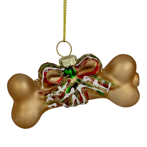 NORTHLIGHT  3.25" Dog Bone With Bow Glass Christmas Ornament In Gold
