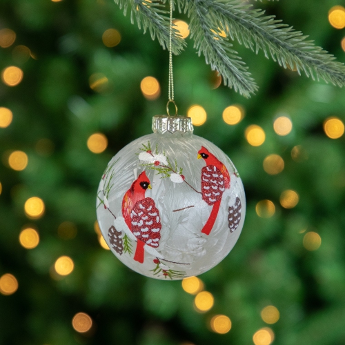 Cardinal Birds Christmas Glass Ball Ornaments - 4" - White and Red - Set of 2