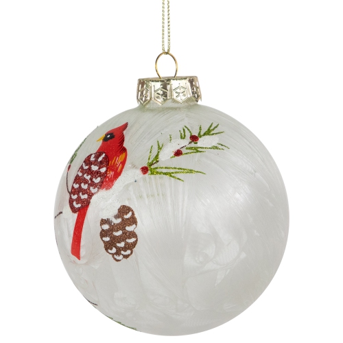 Cardinal Birds Christmas Glass Ball Ornaments - 4" - White and Red - Set of 2