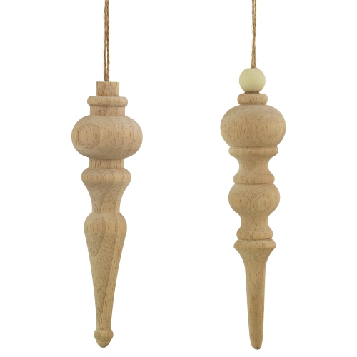 NORTHLIGHT  Set Of 2 Natural Wood Finial Christmas Tree Ornaments 6.5"