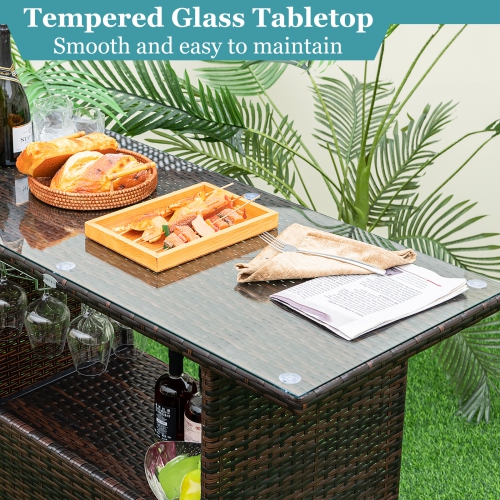 Gymax 3PCS Wicker Bar Set Height Table 2 Stools w/3 Rows Stemware Racks Garden Patio