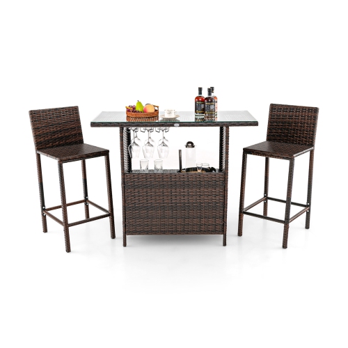 Gymax 3PCS Wicker Bar Set Height Table 2 Stools w/3 Rows Stemware Racks Garden Patio