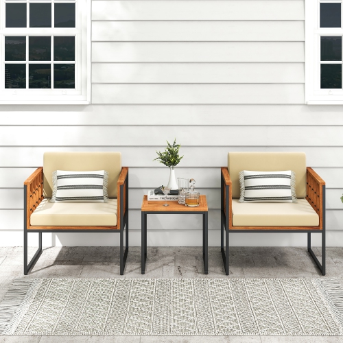 Gymax 3 Pieces Patio Furniture Set Acacia Wood Bistro Conversation Set w/ 2 Cushioned Chairs Beige