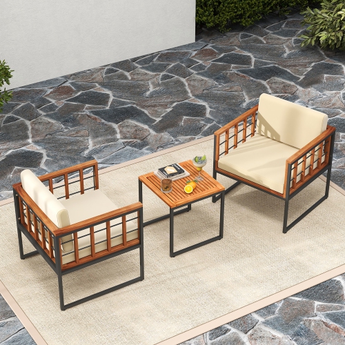 Gymax 3 Pieces Patio Furniture Set Acacia Wood Bistro Conversation Set w/ 2 Cushioned Chairs Beige