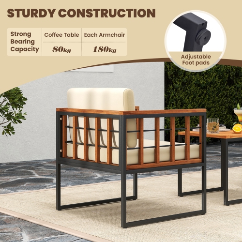 Gymax 3 Pieces Patio Furniture Set Acacia Wood Bistro Conversation Set w/ 2 Cushioned Chairs Beige