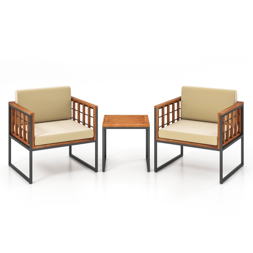Gymax 3 Pieces Patio Furniture Set Acacia Wood Bistro Conversation Set w/ 2 Cushioned Chairs Beige