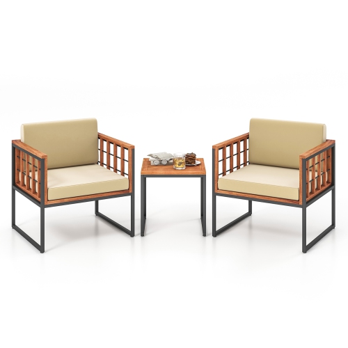 Gymax 3 Pieces Patio Furniture Set Acacia Wood Bistro Conversation Set w/ 2 Cushioned Chairs Beige