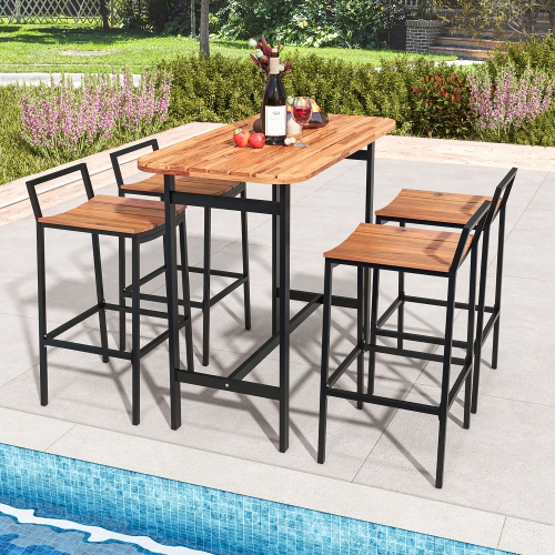 Gymax Acacia Wood Patio Table & Chair Set 5 Pcs Outdoor Dining Set w/ 1 Table & 4 Bar Height Chairs