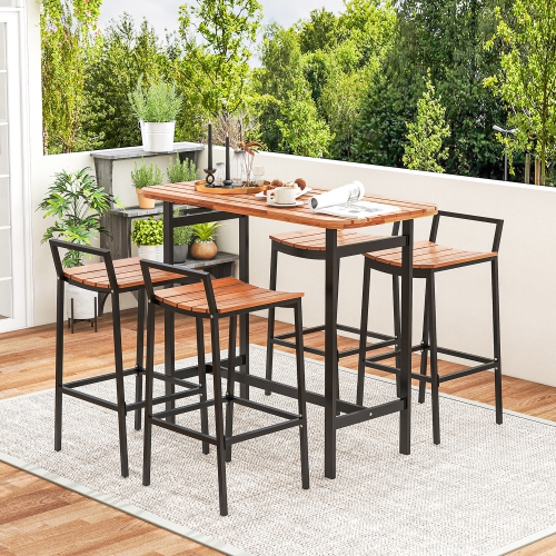 Gymax Acacia Wood Patio Table & Chair Set 5 Pcs Outdoor Dining Set w/ 1 Table & 4 Bar Height Chairs