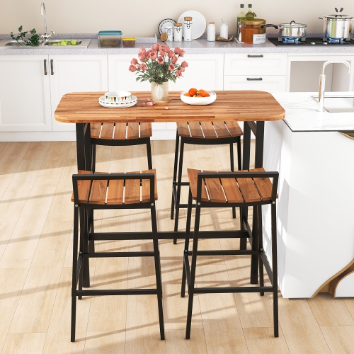 Gymax Acacia Wood Patio Table & Chair Set 5 Pcs Outdoor Dining Set w/ 1 Table & 4 Bar Height Chairs