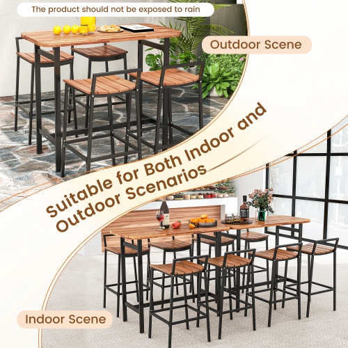 Gymax Acacia Wood Patio Table & Chair Set 5 Pcs Outdoor Dining Set w/ 1 Table & 4 Bar Height Chairs