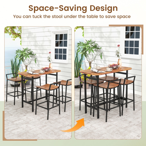 Gymax Acacia Wood Patio Table & Chair Set 5 Pcs Outdoor Dining Set w/ 1 Table & 4 Bar Height Chairs