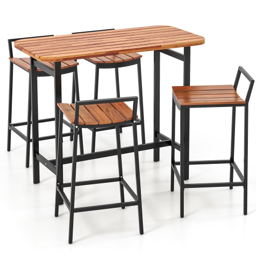 Gymax Acacia Wood Patio Table & Chair Set 5 Pcs Outdoor Dining Set w/ 1 Table & 4 Bar Height Chairs