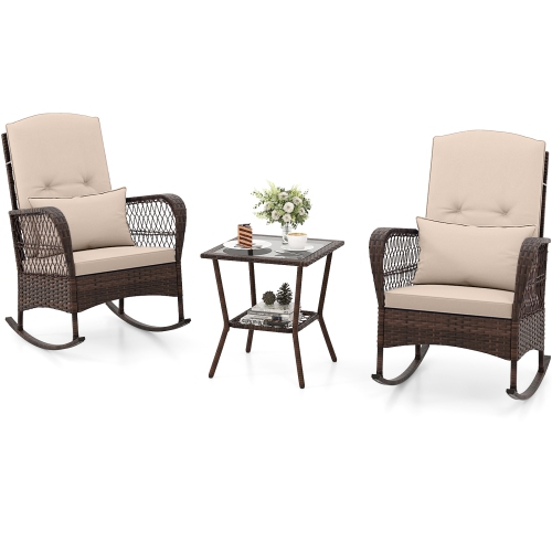 GYMAX  3 Piece Patio Rocker Set Wicker Rocking Chairs W/ Double-Layer Coffee Table Mix In Brown