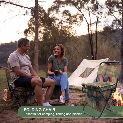 Camouflage Foldable Fishing Chair with Cooler Bag,Lightweight Hunting Chair,Folding Stool Seat with Backrest Stool for Camping,Fishing,Hiking,Outdoor