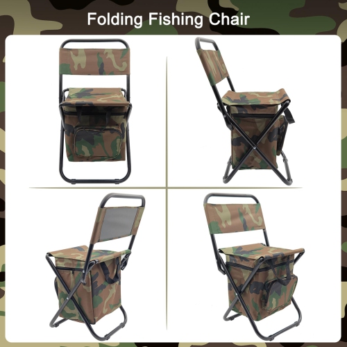 Camouflage Foldable Fishing Chair with Cooler Bag,Lightweight Hunting Chair,Folding Stool Seat with Backrest Stool for Camping,Fishing,Hiking,Outdoor