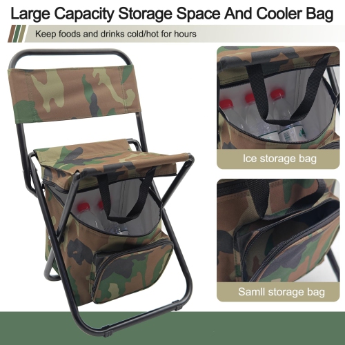 Camouflage Foldable Fishing Chair with Cooler Bag,Lightweight Hunting Chair,Folding Stool Seat with Backrest Stool for Camping,Fishing,Hiking,Outdoor