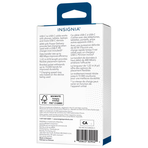 Insignia 1.2m USB-C to USB-C Braided Cable (NS-MC5CC4W24-C) - White - Only at Best Buy