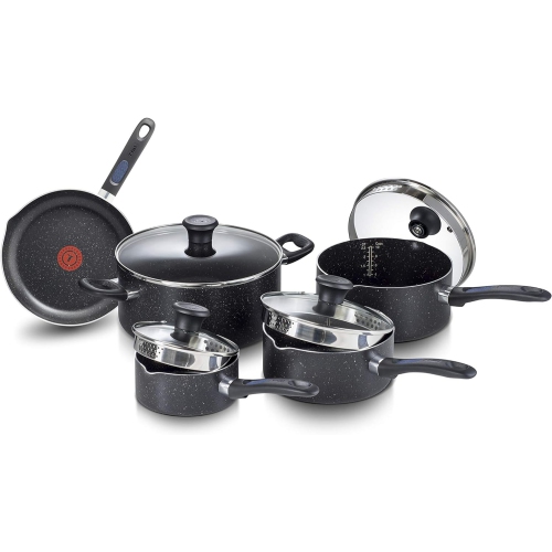 T-fal Signature 9pc Cookware Set, Non Stick pots and Pans, Non Toxic Cookware Set, Thermo-spot Heat Indicator, Dishwasher Safe, Black