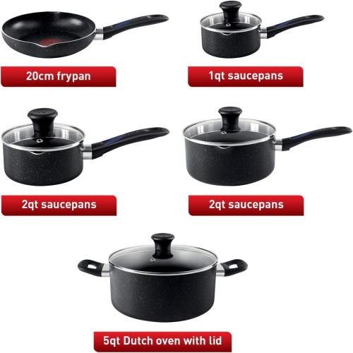T-fal Signature 9pc Cookware Set, Non Stick pots and Pans, Non Toxic Cookware Set, Thermo-spot Heat Indicator, Dishwasher Safe, Black