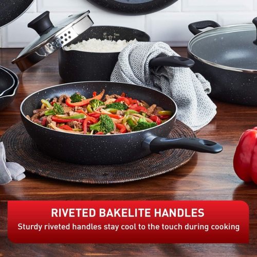 T-fal Signature 9pc Cookware Set, Non Stick pots and Pans, Non Toxic Cookware Set, Thermo-spot Heat Indicator, Dishwasher Safe, Black