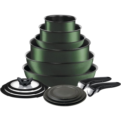 T-fal Ingenio Nonstick Cookware Set 14 Piece Induction Oven Broiler Safe 500F Cookware, Pots and Pans, Oven, Broil, Dishwasher Safe, Forest Green