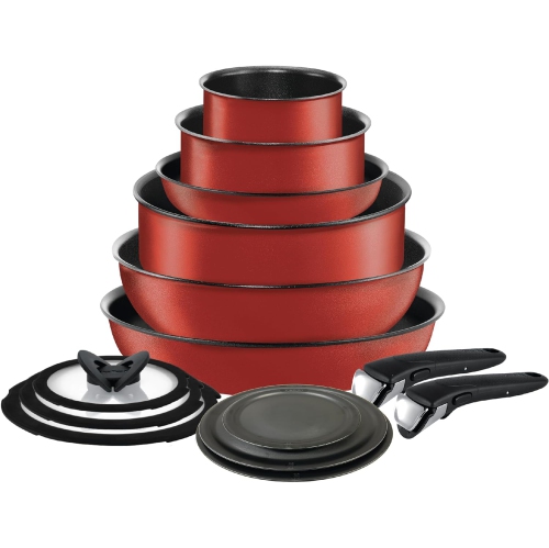 T-fal Ingenio Nonstick Cookware Set 14 Piece Induction Oven Broiler Safe 500F Cookware, Pots and Pans, Oven, Broil, Dishwasher Safe, Cherry Red