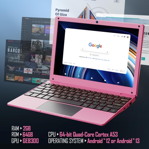 10.1" Ultral Light Laptop Computer, Quad Core Powered by Android 12.0, Portable Netbook Computer with WiFi, Webcam and Bluetooth, Mini Laptop with