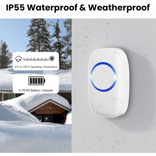 Wireless Doorbell with 2 Push Buttons, Waterproof Door Bell Chimes 1300-ft Range 58 Door Chimes 5 Volume Levels Mute Mode, LED Flash Light for Home,