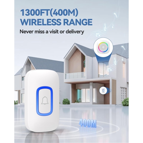 Wireless Doorbell, Waterproof Plug-in Doorbell with RGB Light, 1300ft Range, 0-110dB Bell with 60 Ringtones, 5 Volume Levels & Mute Mode, White