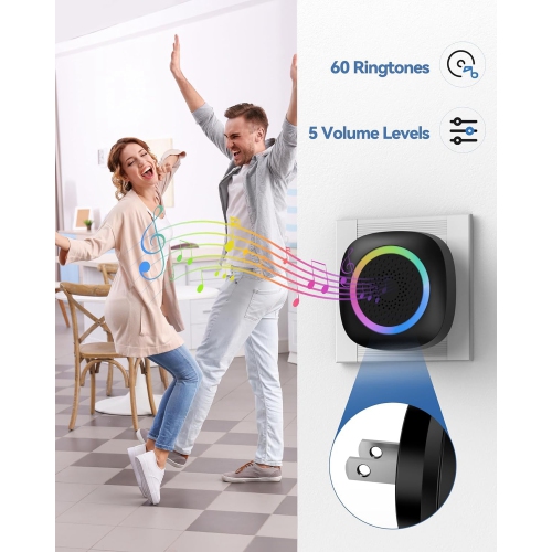 Wireless Doorbell, Waterproof Plug-in Doorbell with RGB Light, 1300ft Range, 0-110dB Bell with 60 Ringtones, 5 Volume Levels & Mute Mode, White