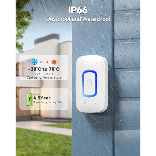 Wireless Doorbell, Waterproof Plug-in Doorbell with RGB Light, 1300ft Range, 0-110dB Bell with 60 Ringtones, 5 Volume Levels & Mute Mode, White