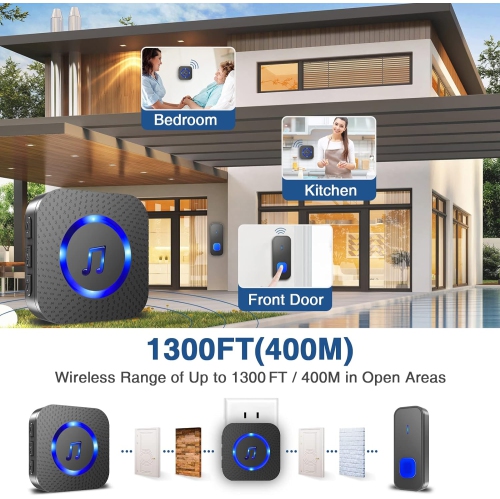 Doorbell,Waterproof Wireless Doorbell Operated at 1300ft/400m Long Range Door Bell with 55 Chimes 5 Adjustable Volume Levels Doorbell Kit