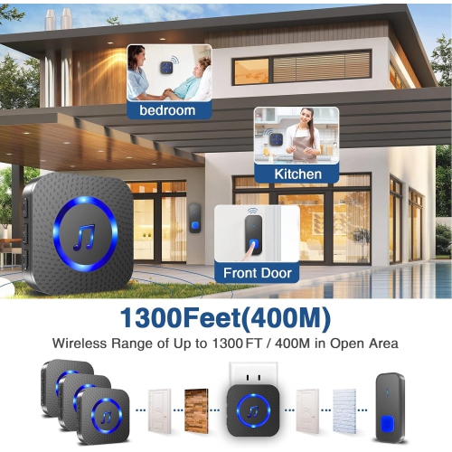 Wireless Doorbell,1300ft Remote Doorbell, IP55 Waterproof Door Bell Kit with 55 Chimes 5 Volume Levels Mute Mode and Flash LED Light, Push Buttons