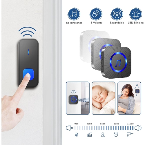 Wireless Doorbell,1300ft Remote Doorbell, IP55 Waterproof Door Bell Kit with 55 Chimes 5 Volume Levels Mute Mode and Flash LED Light, Push Buttons