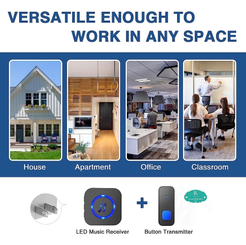 Wireless Doorbell Battery Operated Button 2 Plugin Receivers 1300ft Remote Range Waterproof Door Bell Kits with 55 Chimes 5 Volume Level Flash LED