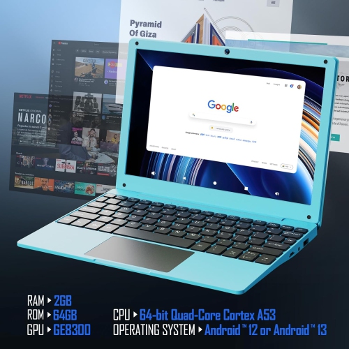 10.1" Laptop Computer, Quad Core Powered by Android 12.0, Portable Netbook Computer with WiFi, Webcam and Bluetooth, Mini Laptop with Bag, Mouse, and