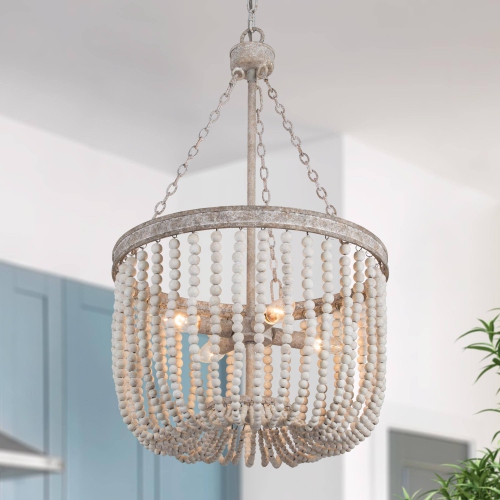 Farmhouse Dining Room Chandelier, 4-Light Bohemia Weathered White Chandelier with White Wood Beads