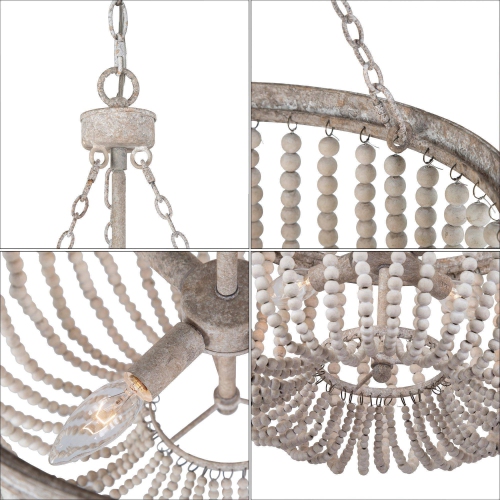 Farmhouse Dining Room Chandelier, 4-Light Bohemia Weathered White Chandelier with White Wood Beads